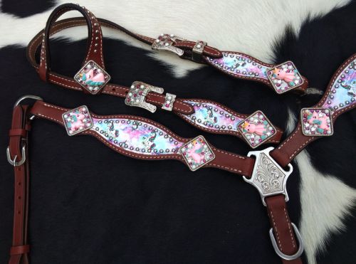 Showman PONY SIZE Tie Dye Unicorn printed headstall and breast collar set with raised unicorn conchos #3